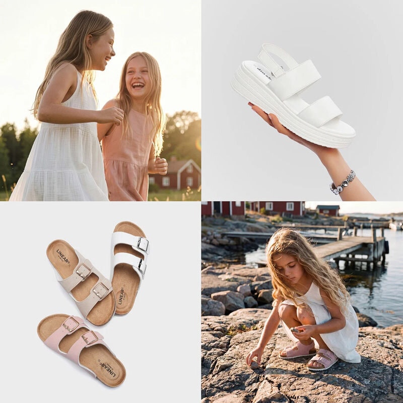 Fire bilder i en collage – ett bilde av barn som løper i gresset og tre produktbilder av sommersko til barn