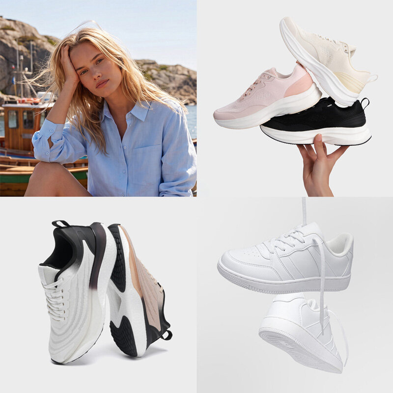 En kollasj av blandede damesneakers