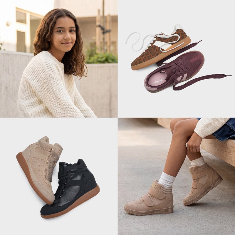 Kollasje med en jente samt produktbilder av sneakers, perfekte til skolestart