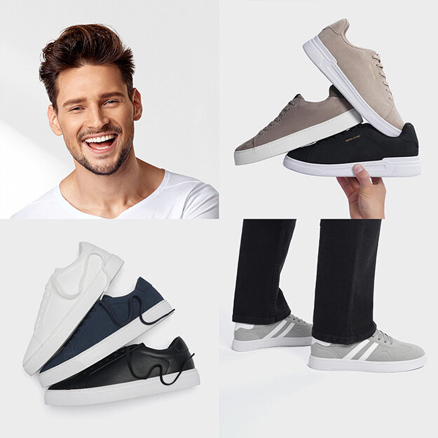 Bilde av forskjellige joggesko i forskjellige farger og et bilde av en glad mann iført en hvit t-skjorte